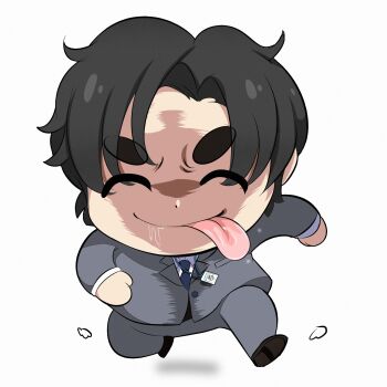 >:) 1boy absurdres black_hair blue_archive blue_archive_the_animation blue_necktie brown_shoes chibi closed_mouth collar dvljoe formal_clothes grey_pants grey_suit highres id_card lanyard licking_lips meme necktie pants running schale_logo sensei_(blue_archive) sensei_(blue_archive_the_animation) shirt shoes short_hair soles suit teacher tongue tongue_out v-shaped_eyebrows white_collar white_shirt