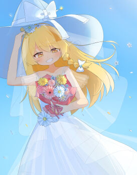 1girl absurdres alternate_costume alternate_headwear blonde_hair blue_flower blue_sky blush bouquet bow braid bridal_veil commentary_request commission day dress edamanecha falling_flower flower flower_request grin hair_bow hairband hat hat_bow highres holding holding_bouquet kirisame_marisa long_hair looking_at_viewer pink_flower see-through_clothes see-through_veil side_braid single_braid skeb_commission sky sleeveless sleeveless_dress smile solo touhou veil wedding_dress white_bow white_dress white_flower white_hairband white_hat witch_hat yellow_eyes yellow_flower