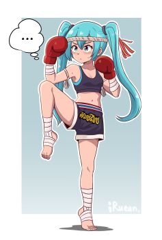 ... 1girl aqua_eyes aqua_hair armband bandaged_leg bandages bilingual_commentary black_shorts black_sports_bra boxing_gloves breasts cleavage commentary english_commentary fighting_stance full_body hatsune_miku headband highres i.ruean mixed-language_commentary muay_thai navel rope shorts signature small_breasts solo speech_bubble sports_bra standing standing_on_one_leg sweatdrop thai_commentary thought_bubble vocaloid