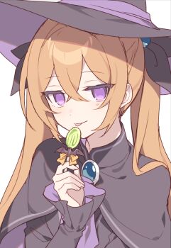 1girl :p black_cloak black_dress black_hat black_ribbon brown_hair candy cloak closed_mouth commentary_request dress food hair_ribbon hand_up hat hijiri_(resetter) holding holding_candy holding_food holding_lollipop lollipop long_hair long_sleeves looking_at_viewer original purple_eyes ribbon simple_background sleeves_past_wrists smile solo tongue tongue_out twintails upper_body white_background witch_hat