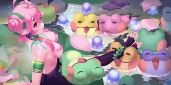 Rule 34 | 1girl, ahoge, back, bad link, bare shoulders, bodysuit, breasts, bug, butterfly, cleavage, colored sclera, colored skin, fairy, fairy wings, feet, flower ring, frog, froggyloch, froggyloch (vtuber), hair bun, highres, indie virtual youtuber, insect, jewelry, lake, leaf, legs, lily pad, multicolored hair, open mouth, pink skin, pointy ears, rainbow hair, red eyes, sideboob, sitting, snail shell, toe ring, toes, virtual youtuber, water, wings, yellow sclera