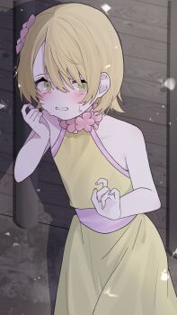 1boy bare_shoulders blonde_hair blush choker commentary_request cowboy_shot crossdressing crossdressing_(mtf) crying crying_with_eyes_open dr._stone dress fingernails flower flower_choker from_above ginro_(dr._stone) green_eyes hair_flower hair_ornament hair_over_one_eye hands_up highres looking_at_viewer male_focus medium_hair nekomimi_hotate official_alternate_costume outdoors parted_lips pink_flower pink_trim sidelocks snowing solo standing tears teeth trap wooden_wall yellow_dress