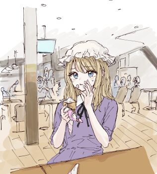 1girl black_ribbon blonde_hair blue_eyes blush collar crepe dessert dress dress_ribbon eating food food_on_face hair_between_eyes hand_on_own_face hat highres holding holding_crepe holding_food indoors kashiwada_kiiho long_dress maribel_hearn medium_hair mob_cap multiple_boys multiple_girls purple_dress ribbon short_sleeves sitting solo_focus table touhou white_collar white_hat