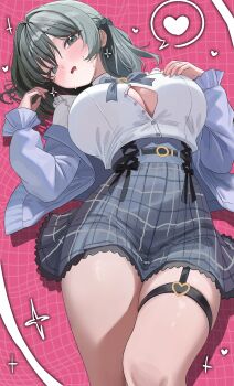 1girl absurdres blue_jacket blush braid breasts button_gap buttons choppy_bangs commentary commission english_commentary frilled_shirt frills green_eyes grey_hair grey_skirt hair_between_eyes hair_intakes hand_on_own_chest hand_up head_tilt heart high-waist_skirt highres jacket large_breasts long_hair long_sleeves looking_at_viewer lying nail_polish off_shoulder on_back open_mouth original pink_background pink_nails pixiv_commission plaid_clothes plaid_skirt shirt shirt_tucked_in side_braid sidelocks skirt solo spoken_heart star_(symbol) sweat thigh_strap thighs white_shirt yamu_(yamu_030)