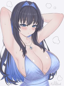 1girl absurdres alternate_costume armpits arms_up black_hair blue_dress blue_eyes blue_hair blush breasts closed_mouth colored_inner_hair dress highres hololive hololive_english huge_breasts jewelry kershok multicolored_hair necklace ouro_kronii solo sweat virtual_youtuber
