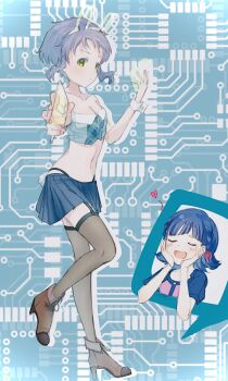 Rule 34 | 2girls, bare shoulders, black panties, black thighhighs, blue background, blue hair, blue shirt, blue skirt, blue sleeves, boots, braid, breasts, brown footwear, card, circuit board, cleavage, closed eyes, collarbone, commentary request, crop top, full body, garter straps, hands on own cheeks, hands on own face, heart, high heel boots, high heels, highleg, highleg panties, highres, holding, holding card, idolmaster, idolmaster million live!, idolmaster million live! theater days, legs, makabe mizuki, miniskirt, multiple girls, nanao yuriko, navel, open mouth, panties, pasta million39, pink shirt, pleated skirt, puffy short sleeves, puffy sleeves, purple hair, rabbit ears antenna, serious, shirt, short hair, short sleeves, sidelocks, skirt, small breasts, smile, speech bubble, standing, stomach, thighhighs, thighs, thong, underwear, upper body, yellow eyes