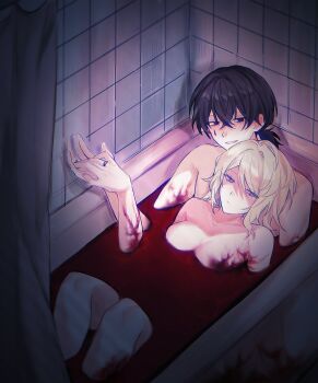 1boy 1girl armpit_crease bath bath_of_blood bathing bathroom black_eyes black_hair blood blood_censor blue_eyes breasts closed_mouth completely_nude curtains expressionless facial_tattoo faust_(project_moon) girl_on_top hetero highres holding_hands inori_(qiming404) jewelry large_breasts limbus_company lying mixed-sex_bathing nude open_mouth partially_submerged ponytail project_moon ring ring_(identity)_(project_moon) shared_bathing short_hair smile tattoo white_hair yi_sang_(project_moon)