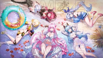 Rule 34 | 5girls, 7gao, ahoge, anchor (innocent maid) (nikke), anchor (nikke), apron, bare shoulders, beach, bikini, blonde hair, blue bikini, blue hair, breasts, character name, cleavage, commentary request, dorothy (nikke), dorothy (serendipity) (nikke), dress swimsuit, elegg (boom and shock) (nikke), elegg (nikke), fang, flower, flower-shaped hair, frills, from above, front-tie bikini top, front-tie top, game controller print, gloves, goddess of victory: nikke, hair bun, hair intakes, hair ornament, hair over eyes, handheld game console, helm (aqua marine) (nikke), helm (nikke), highres, holding, holding swim ring, horns, innertube, large breasts, long hair, long sleeves, looking at viewer, lying, maid apron, mast (a pirate's heart) (nikke), mast (nikke), mechanical horns, multi-strapped bikini bottom, multiple girls, navel, ocean, off shoulder, official alternate design, pink hair, ponytail, purple eyes, sample watermark, sandals, see-through clothes, see-through shirt, see-through slingshot swimsuit, shirt, single side bun, skin fang, skull choker, skull hair ornament, slingshot swimsuit, smile, starfish, swim ring, swimsuit, thigh strap, thighhighs, two-tone slingshot swimsuit, watermark, wet, wet clothes, white bikini, white gloves, yellow slingshot swimsuit