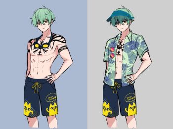 1boy arm_tattoo azumanga_daiou black_shorts chest_tattoo closed_mouth commentary cowboy_shot english_commentary green_eyes green_hair green_shirt grey_background hair_between_eyes hand_on_own_hip hello_everynyan_(meme) heterochromia highres looking_at_viewer male_focus meme mihama_chiyo&#039;s_father multiple_views original plant_print print_shirt rae_(ryuuxin) ryuuxin shirt short_hair short_sleeves shorts sunglasses tattoo topless_male unworn_eyewear visor_cap yellow_eyes