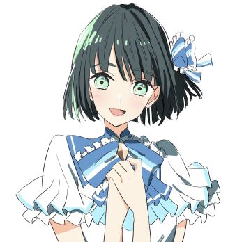 1girl 365_days_(love_live!) :d bien_(djpwjd1) blue_bow blue_bowtie bow bowtie frilled_bowtie green_eyes green_hair hands_on_own_chest highres link!_like!_love_live! looking_at_viewer love_live! momose_ginko official_alternate_costume open_mouth shirt short_hair short_sleeves simple_background smile solo upper_body virtual_youtuber white_background white_shirt