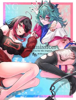 2girls ahoge arm_tattoo back_tattoo black_hair black_nails black_shirt black_thighhighs blue_background blue_eyes border bra breasts bright_pupils closed_mouth commentary commission controller cropped_shirt double-parted_bangs english_commentary fingernails game_controller green_hair hair_between_eyes hair_ornament hairclip heterochromia highres large_breasts leg_tattoo legs long_sleeves looking_at_viewer medium_hair midriff multiple_girls multiple_tattoos nail_polish open_mouth original outside_border parallel_hairclips parted_bangs pink_bra red_eyes red_nails red_streaks shirt single_thighhigh skeb_commission smile tattoo thighhighs underwear watermark white_border white_pupils white_shirt xxcaaan