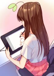 Rule 34 | 1girl, artist name, artist self-insert, blue background, brown hair, chair, drawing tablet, facing object, from above, from behind, gaomon, grey background, holding, holding drawing tablet, hyan (hyanna-natsu), hyanna-natsu, long hair, multicolored background, orange background, original, pen, pink background, pink skirt, pleated skirt, screen, shirt, short sleeves, sidelocks, sitting, skirt, solo, table, white shirt