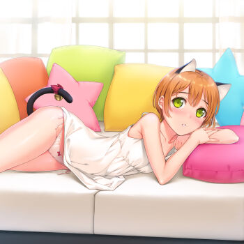 10s 1girl animal_ears bell bow brown_hair cat_ears cat_tail cushion female_focus green_eyes highres hoshizora_rin love_live! love_live!_school_idol_project lying mignon on_side orange_hair panties parted_lips pillow ribbon short_hair side-tie_panties solo tail tail_bell tail_bow tail_ornament tail_ribbon underwear