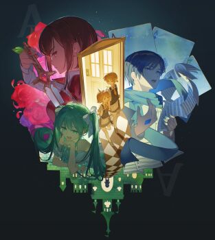 2boys 3girls :d absurdres ace_(playing_card) bare_shoulders blonde_hair blue_eyes blue_hair blue_scarf bow bow_hairband brother_and_sister brown_hair card castle commentary door flower frown green_eyes green_hair hair_bow hairband hatsune_miku highres hitobashira_alice_(vocaloid) holding holding_sword holding_weapon kagamine_len kagamine_rin kaito_(vocaloid) long_hair looking_ahead looking_at_viewer meiko_(vocaloid) multiple_boys multiple_girls music nun_nu open_mouth playing_card red_eyes red_flower red_rose rose scarf sheet_music short_hair siblings singing smile sword twins twintails vocaloid weapon white_bow yellow_eyes