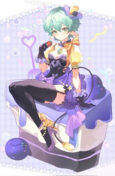 1girl black_dress black_gloves black_thighhighs blueberry breasts cake cake_slice commentary dress food fork frilled_gloves frills fruit garter_straps glasses gloves green_eyes green_hair heart high_heels highres holding holding_food in_food looking_at_viewer mini_person minigirl pandoria_(xenoblade) parted_lips pointy_ears puffy_short_sleeves puffy_sleeves purple_shoes shoes short_sleeves sitting skindentation small_breasts solo strawberry thighhighs toki0830 xenoblade_chronicles_(series) xenoblade_chronicles_2