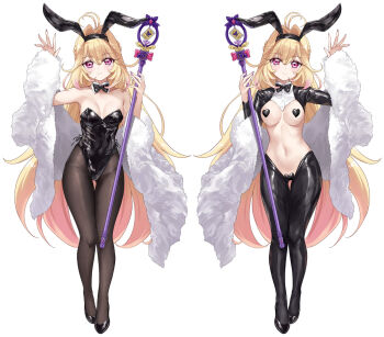 1girl ahoge animal_ears antenna_hair asle black_bow black_bowtie black_hiphighs black_pantyhose black_shrug blonde_hair bow bowtie breasts coat collar collared_shrug commentary_request crotchless cure_arcana_shadow fake_animal_ears frontless_outfit full_body fur_coat hair_between_eyes hair_intakes heart heart_maebari heart_pasties hiphighs holding holding_staff latex latex_legwear latex_shrug maebari magical_girl meitantei_precure! moria_luluka pantyhose pasties pink_eyes playboy_bunny precure rabbit_ears revealing_clothes reverse_bunnysuit reverse_outfit shrug_(clothing) solo staff standing white_background
