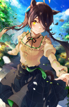 Rule 34 | 1girl, absurdres, ahoge, animal ears, black hair, black ribbon, black skirt, blue sky, blush, breasts, casual, closed mouth, cloud, commentary request, ear tag, earrings, frilled shirt, frills, hair between eyes, highres, horse ears, horse girl, horse tail, jewelry, long bangs, long hair, long hair between eyes, long sleeves, looking at viewer, manhattan cafe (casual) (umamusume), manhattan cafe (umamusume), multicolored hair, neck ribbon, outdoors, ra mun5239, ribbon, shirt, shirt tucked in, single earring, skirt, sky, small breasts, smile, solo, tail, tree, umamusume, white hair, yellow eyes, yellow shirt