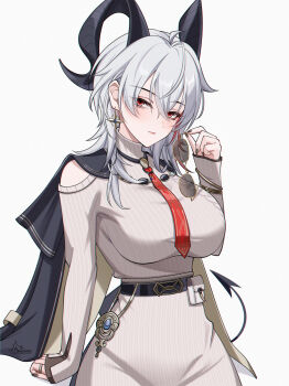 1girl ahoge black_horns black_jacket black_nails black_tail breasts closed_mouth clothing_cutout commentary_request curled_horns demon_tail dress earrings fingernails grey_background grey_dress grey_hair hair_between_eyes hand_up highres holding holding_removed_eyewear horns jacket jacket_on_shoulders jewelry large_breasts long_hair looking_at_viewer nail_polish necktie red_eyes red_necktie shoulder_cutout simple_background solo sunglasses sweater sweater_dress tail turtleneck turtleneck_dress unworn_eyewear uriuritei wuthering_waves zani_(downtown_repose)_(wuthering_waves) zani_(wuthering_waves)