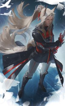 Rule 34 | 13profen, 1boy, animal, arknights, arknights: endfield, arms up, bird, black boots, black coat, boots, coat, commentary, floating hair, full body, gloves, grey pants, head wings, highres, katana, long hair, long sleeves, male focus, pants, parted hair, pogranichnik (arknights), ponytail, red gloves, sleeve cuffs, solo, standing, sword, tail, weapon, white hair, wings