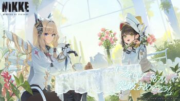 2girls absurdres armored_gloves beanie blonde_hair blue_eyes braid brown_hair chime_(nikke) copyright_name crown_(nikke) drill_hair flower gloves goddess_of_victory:_nikke green_eyes hat helmet highres long_hair long_sleeves looking_at_viewer multiple_girls open_mouth shirt sitting smile table tea_set too_many_drills twin_braids very_long_hair visor_(armor) white_knight_(nikke) white_shirt xi_xeong yellow_hat