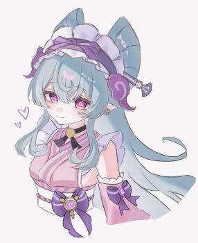 1girl aqua_hair bonnet bow choker detached_sleeves gem genshin_impact hashtag-only_commentary heart highres japanese_clothes kimono long_hair looking_at_viewer multicolored_eyes pink_pupils pointy_ears purple_bow purple_gem solo ustya_0 white_background yukata yumemizuki_mizuki