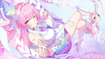 1girl absurdres bare_shoulders breasts closed_mouth commentary crossed_legs cyrene_(honkai:_star_rail) cyrene_(ripples_of_past_reverie)_(honkai:_star_rail) diamond-shaped_pupils diamond_(shape) dress dual_persona flower from_above from_side hair_flower hair_ornament hands_up high_heels highres honkai:_star_rail honkai_(series) iras17514 large_breasts long_hair looking_at_viewer looking_to_the_side looking_up mem_(honkai:_star_rail) on_swing one_eye_closed pink_hair pink_petals pointy_ears purple_flower purple_rose rose sidelocks smile swing symbol-shaped_pupils white_dress
