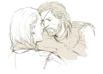 2boys beard big_boss closed_eyes closed_mouth cropped_torso donlemefo eyepatch facial_hair greyscale male_focus mature_male medium_hair metal_gear_(series) metal_gear_solid_v:_the_phantom_pain monochrome multiple_boys one_eye_covered revolver_ocelot scarf simple_background sketch white_background yaoi
