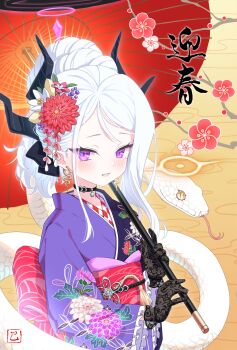 1girl absurdres back_bow black_choker black_gloves black_halo black_horns blue_archive blush bow chinese_zodiac choker commentary_request demon_horns earrings floral_print floral_print_kimono gloves hair_ornament halo highres hina_(blue_archive) holding holding_umbrella horns japanese_clothes jewelry kanzashi kimono lace lace_gloves long_hair long_sleeves looking_at_viewer multiple_horns new_year obi obiage obijime oil-paper_umbrella parted_bangs parted_lips print_kimono purple_hair purple_kimono red_bow sash snake snake_earrings solo standing tsumami_kanzashi umbrella updo upper_body white_hair white_snake wide_sleeves year_of_the_snake yorshka517