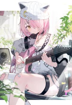 Rule 34 | 1girl, animal hat, animal print, artist request, ass peek, asymmetrical legwear, bandaid, bandaid on knee, bandaid on leg, belt collar, black sweater, blurry, blurry background, blush, breasts, cat hat, cat print, cat tail, cleavage, closed mouth, collar, collarbone, commentary request, crescent, crescent hair ornament, electric guitar, feet out of frame, guitar, hair ornament, hair over one eye, hat, highres, holding, holding plectrum, indie virtual youtuber, instrument, knees, leaf, long sleeves, mismatched legwear, munmosshu, music, outdoors, pantyhose, pink hair, pink nails, pink tail, playing guitar, playing instrument, plectrum, second-party source, shirt, single off shoulder, sitting, small breasts, smile, solo, star (symbol), star hair ornament, sunlight, sweater, tail, thick thighs, thigh strap, thighs, torn clothes, torn shirt, virtual youtuber, white pantyhose, white shirt, yellow eyes