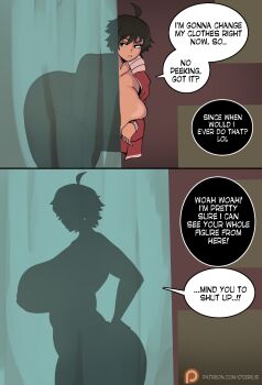 1girl absurdres breasts clothes english_text female_focus highres huge_breasts looking_at_viewer ocerius original short_hair silhouette solo solo_focus speech_bubble stealth