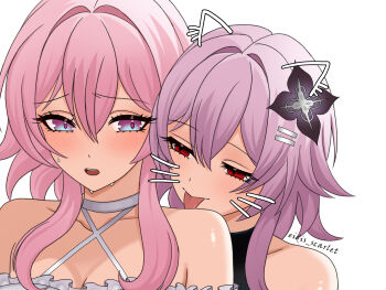 2girls artist_name bare_shoulders blush commentary drawn_ears drawn_whiskers dress dual_persona eidis_scarlet evernight_(honkai:_star_rail) flower hair_flower hair_ornament highres honkai:_star_rail honkai_(series) licking_shoulder long_hair march_7th_(honkai:_star_rail) multiple_girls open_mouth pink_hair purple_eyes purple_flower red_eyes selfcest simple_background sweat symbol-only_commentary white_background white_dress yuri