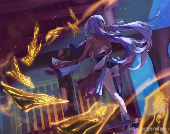 1girl absurdres ass asymmetrical_gloves black_unitard commentary_request elbow_gloves from_behind gloves high-waist_shorts highres jacket long_hair night night_sky ofuda outdoors ring_hair_ornament shorts single_elbow_glove single_thighhigh sky solo thigh_strap thighhighs tu_pao_diao_yu_shao uneven_gloves white_hair yellow_jacket yixuan_(zenless_zone_zero) zenless_zone_zero