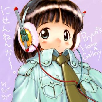 1girl 2000 aqua_jacket artist_name bad_id black_eyes black_hair breast_pocket cable child commentary green_necktie grey_background headphones jacket looking_at_viewer lowres medium_hair necktie new_year original plain_epaulettes pocket radio_antenna simple_background solo translated tsuzuki_kazuhiko upper_body