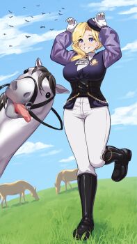 1girl absurdres arms_up ascot azur_lane bird black_boots blonde_hair blue_eyes blue_hat blue_jacket blue_sky boots breasts commentary earrings english_commentary flower frilled_ascot frills gloves grass grin hat highres hood_(azur_lane) hood_(gentlewoman_and_stallion)_(azur_lane) horse horse_pose jacket jewelry knee_boots large_breasts long_hair long_sleeves looking_at_viewer nyle404 official_alternate_costume outdoors pants pants_tucked_in riding_boots riding_outfit royal_navy_emblem_(azur_lane) sky smile solo standing standing_on_one_leg white_gloves white_pants