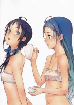 Rule 34 | 2girls, absurdres, ahoge, bare shoulders, blue eyes, blue hair, blush, branch (blackrabbits), breasts, collarbone, gradient hair, green eyes, hair ribbon, highres, huge filesize, kantai collection, long hair, looking back, low twintails, multicolored hair, multiple girls, powder puff, ribbon, samidare (kancolle), scan, small breasts, smile, strapless, suzukaze (kancolle), swept bangs, tube top, twintails, very long hair