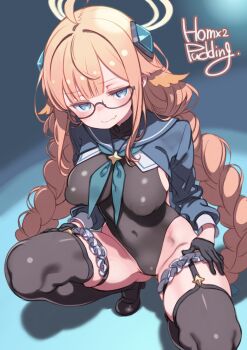 1girl blue_archive braid breasts commentary glasses gloves halo highres large_breasts leotard long_hair looking_at_viewer puddinghomhom shimiko_(blue_archive) shimiko_(magical)_(blue_archive) solo squatting thighhighs twin_braids
