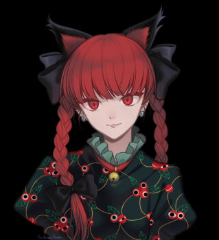 1girl animal_ear_fluff animal_ears bell black_bow blunt_bangs bow braid cat_ears closed_mouth commentary dress ear_piercing extra_ears floral_print green_dress hair_bow highres jingle_bell kaenbyou_rin lips long_hair looking_at_viewer neck_bell piercing red_eyes red_hair slit_pupils solo toshio touhou twin_braids upper_body