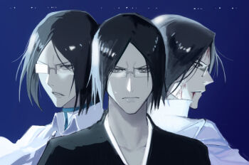 1boy 22nae2 black_hair black_kimono bleach blood blood_from_mouth blood_on_face blue_background closed_mouth collared_shirt furrowed_brow glasses grey_eyes ishida_uryuu jacket japanese_clothes kimono light_frown male_focus multiple_views parted_bangs parted_lips shihakusho shirt short_hair solo sweatdrop white_jacket white_shirt