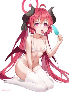 1girl :p alternate_costume between_legs bikini black_horns black_ribbon blue_archive blush breasts collarbone demon_girl demon_horns demon_wings dobostorte dot_nose feet food full_body furrowed_brow hair_between_eyes hair_ribbon halo hand_between_legs hand_up highres holding holding_food holding_popsicle horn_ornament horn_ribbon horns junko_(blue_archive) loli long_hair looking_at_viewer low_wings navel no_shoes pink_eyes pointy_ears popsicle red_hair red_halo red_wings ribbon saliva saliva_trail simple_background sitting slit_pupils small_breasts soles solo stomach swimsuit teeth thighhighs thighs toes tongue tongue_out twintails upper_teeth_only very_long_hair white_background white_bikini white_thighhighs wings