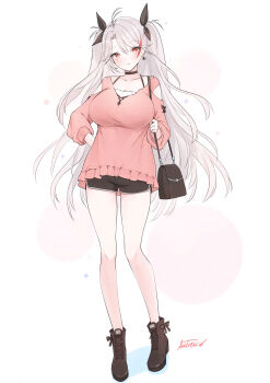 Rule 34 | 1girl, alternate costume, antenna hair, azur lane, bag, bare legs, boots, breasts, casual, clothing cutout, cross, cross earrings, earrings, full body, grey hair, highres, iron cross, jewelry, large breasts, livetarica, long hair, multicolored hair, prinz eugen (azur lane), short shorts, shorts, shoulder bag, shoulder cutout, solo, streaked hair, two side up