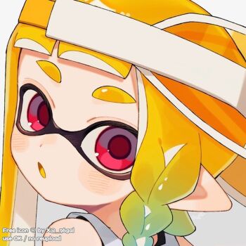 1girl backwards_hat commentary gradient_eyes green_hair hat highres inkling inkling_girl inkling_player_character long_hair looking_at_viewer looking_back multicolored_eyes multicolored_hair nintendo open_mouth orange_hair pointy_ears red_eyes red_pupils sabata_saba solo splatoon_(series) tentacle_hair thick_eyebrows two-tone_hair visor_cap watermark white_background