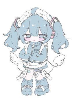 1girl :o ahoge apron bandaid bandaid_on_leg belt blue_eyes blue_hair blue_jacket blue_leg_warmers blue_shoes blue_shorts blush_stickers commentary_request deformed full_body gauze_on_knee hair_between_eyes hair_ornament hatsune_miku highres izumi_(yura_izumi) jacket leg_warmers long_hair long_sleeves maid maid_headdress no_pupils open_mouth own_hands_together shoes shorts sidelocks simple_background sleeves_past_fingers sleeves_past_wrists sneakers solo standing thigh_belt thigh_strap track_jacket twintails unconventional_maid very_long_hair vocaloid white_apron white_background zipper