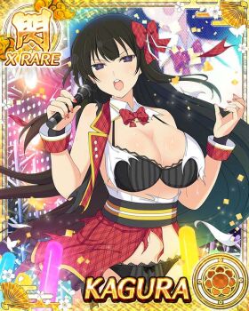 1girl audience black_bra black_eyes black_hair black_panties blue_pupils border bow bowtie bra breasts card_(medium) character_name cleavage confetti dress flower-shaped_pupils game_cg glowstick hair_bow holding holding_microphone idol idol_clothes kagura_(senran_kagura) large_breasts long_hair microphone nail_polish official_art panties penlight_(glowstick) red_bow red_bowtie red_dress senran_kagura senran_kagura_new_wave solo stage stage_lights symbol-shaped_pupils third-party_source torn_clothes torn_dress underwear very_long_hair wrist_cuffs