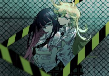 2girls black_hair blonde_hair blue_eyes breasts caution_tape chain-link_fence chinese_commentary closed_mouth collared_shirt colored_inner_hair commentary_request fence hand_on_another&#039;s_stomach hand_on_own_stomach highres hime_cut holding_necktie huidu large_breasts long_hair multicolored_hair multiple_girls necktie outdoors panty_&amp;_stocking_with_garterbelt panty_(psg) parted_lips pink_hair plaid_clothes plaid_necktie plaid_skirt rain school_uniform shirt short_sleeves skirt stocking_(psg) two-tone_hair unmoving_pattern variant_set white_shirt