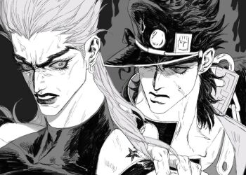 2boys birthmark black_lips chain commentary_request dio_brando earrings gakuran greyscale jewelry joestar_birthmark jojo_no_kimyou_na_bouken kuujou_joutarou monochrome multiple_boys school_uniform sleeveless stardust_crusaders stud_earrings yangdianzhang