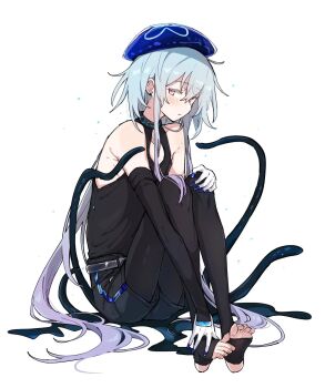 1boy aqua_hair arknights azuma_shino black_leggings black_shirt black_shorts blue_headwear blush detached_sleeves earrings feet_together gloves gradient_hair hair_between_eyes hat highres infection_monitor_(arknights) jewelry leggings long_hair looking_back male_focus mizuki_(arknights) multicolored_hair neckerchief on_floor pink_eyes purple_hair shirt shorts sleeveless sleeveless_shirt tentacles trap white_background