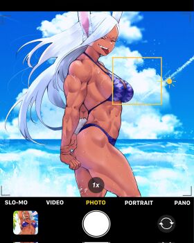 1girl abs animal_ears arms_behind_back beach bikini blue_sky boku_no_hero_academia breasts clauschristmas closed_eyes clothing_cutout cloud commentary corrupted_twitter_file dark-skinned_female dark_skin english_commentary fake_phone_screenshot fake_screenshot flexing highres jewelry large_breasts long_eyelashes long_hair mirko muscular muscular_arms muscular_female muscular_legs outdoors parted_bangs print_bikini purple_bikini rabbit_ears rabbit_girl rabbit_tail red_eyes ring sky smile solo swimsuit tail tail_through_clothes teeth thick_thighs thighs tongue tongue_out veins veiny_arms very_long_hair viewfinder water wet white_hair