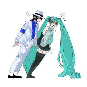 1boy 1girl absurdly_long_hair anti-gravity_lean applehe93929811 bare_shoulders black_hair black_shoes black_skirt blue_eyes blue_hair blue_necktie blue_shirt closed_eyes closed_mouth collared_shirt commentary crossover detached_sleeves east-west_crossover english_commentary fedora flying_sweatdrops formal_clothes grey_shirt hat hatsune_miku headset highres jacket long_hair looking_at_another michael_jackson necktie open_clothes open_jacket open_mouth pants prehensile_hair real_life shirt shoes simple_background skirt sleeveless sleeveless_shirt smile smooth_criminal sparkle suit sweat thighhighs trembling twintails very_long_hair vocaloid white_background white_jacket white_necktie white_pants white_suit