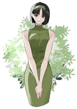 1girl absurdres alternate_costume bare_shoulders belt black_hair bob_cut breasts brown_eyes commentary_request dress erika_(pokemon) green_belt green_dress green_hairband hairband highres kana_(kanna_runa0620) looking_at_viewer nintendo own_hands_together pokemon pokemon_tcg short_hair sleeveless sleeveless_dress smile solo v_arms