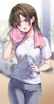 Rule 34 | 1girl, alternate costume, amagi shino, artist name, blurry, blurry background, blush, bottle, breasts, brown hair, commentary request, cowboy shot, grey pants, gym shirt, highres, holding, holding bottle, long hair, looking at viewer, medium breasts, open mouth, original, pants, parted bangs, plastic bottle, purple eyes, receptionist girl (amagi shino), shirt, short sleeves, signature, smile, solo, thigh gap, water bottle, white shirt, wiping sweat, yoga pants